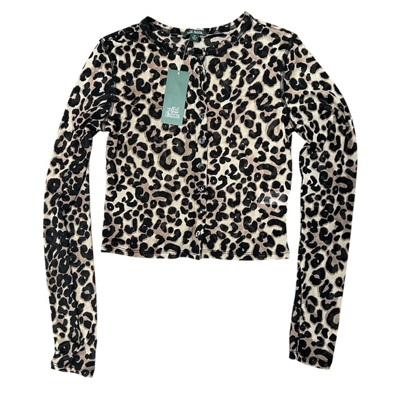 Wild Fable Animal Print Mesh Top with Buttons and Long Sleeves - Picture 2 of 5